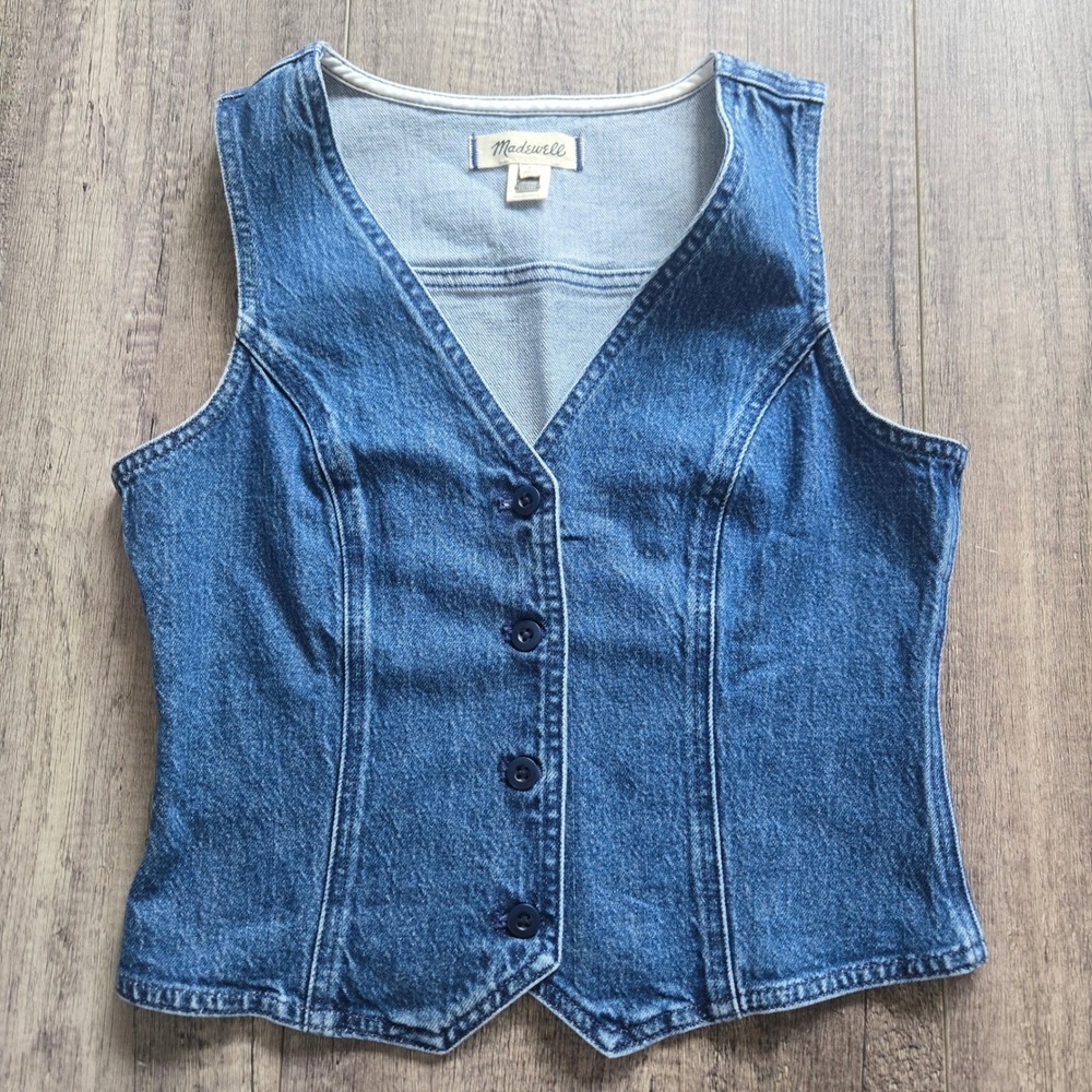 Madewell Denim Vest Medium Wash Blue V-Neck Button Front Tailored Size 2